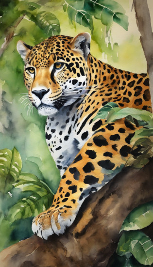 Jaguar on top of a tree, picure, watercolor paiting, Amorphous design, surrealist,jaguar; watercolor paiting; felid,Jaguar in the jungle of the American Amazon,