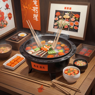 Yan like flower hot pot skewers, horizontal screen, poster picture, Hermes orange, simple style, there is hot pot, there is Chengdu, there are skewers, highlight strict as flower hot pot skewers Write the text as strict as flower hot pot skewers --auto --s2