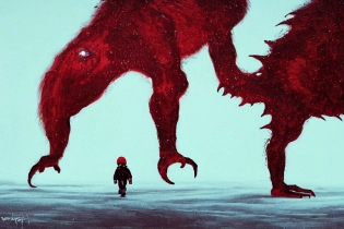 Starvation black monster wolves with red eyes, fight in the ice age Scenery, : concept art::1 cyberpunk::1 splatter paint::1 wide angle lens::2 Zdzislaw Beksinski style, and a little prince boy walks to the Shining Ethereum shape sun, in winter storm, ultra detailed| 4k --v 4