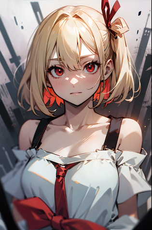 Chisatoniki, Chisato, Short hair, Bangs, Blonde hair, (Red Eyes:1.5), Hair Ribbon, One side up, bob cuts,
BREAK  shirt, Bare shoulders, Twin-tailed, ??, Hair Ribbon, White shirt, frilld, off shoulders, Red Ribbon, short twintails, off shoulder shirt, frill shirt,
BREAK outdoors, grass field?
BREAK looking at viewer, BREAK (masutepiece:1.2), Best Quality, High resolution, Unity 8k??, (Illustration:0.8), (Beautiful detailed eyes:1.6), extra detailed face, Perfect Lighting, extremely details CG, (Perfect hands, Perfect Anatomy),
