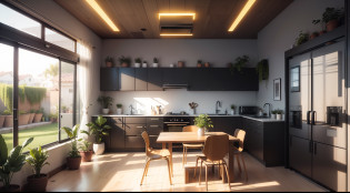 There is a kitchen with a table and chairs in it, solarpunk decoration, solarpunk apartment, solarpunk interior, solarpunk room background, solarpunk apartment, solarpunk retro apartment, sci-fi interior, solarpunk interior, solarpunk decoration, solarpunk room, bladerunner apartment, solarpunk ikea, in a solarpunk themed room, solarpunk house, solarpunk design, large solarpunk residence, many plants