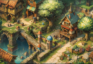 (absurdres, highres, ultra detailed, HDR), masterpiece, best quality, legend of mana town, dawn of mana console, portrait of a place, nostalgic place, town of lumina, detailed scenery,  in a legend of mana town, lumina, place town, scenery, professional photo, path town detailed scenery, detailed background