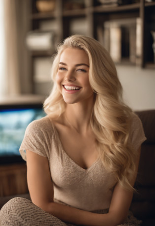 blond woman with long hair smiling in front of a tv, radiant smile. ultra wide shot, blonde goddess, perfect white haired girl, she is smiling, hyperrealistic teen, pretty smile, a gorgeous blonde, she is smiling and excited, slight cute smile, anya_taylor-joy, cute seductive smile, beautiful blonde girl, alexa grace, wide smile