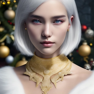 mdjrny-v4 style, white hair, a young South Korean girl with medium-length white hair, a highly detailed face by Greg Rutkowski and Magali Villeneuve, wearing christmas dress with choker, beautiful eyes, small breasts, toned body, cinematic lighting, Hyperrealism, 8k uhd