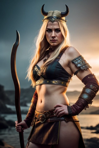 female dressed as viking, angry, gorgeous, attractive, (((full body visible))), looking at viewer, portrait, photography, detailed skin, realistic, photo-realistic, 8k, highly detailed, full length frame, High detail RAW color art, piercing, diffused soft lighting, shallow depth of field, sharp focus, hyperrealism, cinematic lighting