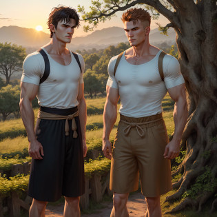 Cain and Abel, Short Hair, Muscular,Realistic,Face Traits,Perfect,Tunics,An Ancient English Oak, Sunset,Ancient