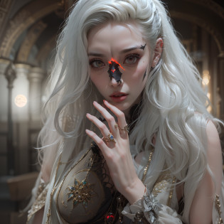 (Numerous award-winning masterpieces, with incredible detail, textures and maximum detail), (hyper realistic:1.4), (realistic:1.3), (Full body image:1.7), (upper body up:0.3), ((medieval world)), (best quality real texture skin), (five perfect and beautiful fingers:1.8), (Beautiful vampire high rank wizard: 1.7), (Two thick, long, sharp vampire teeth protruding from the lips: 1.7), (Wearing a wizard's black hat: 1.6), (A jet-black cloak with delicate decorations: 1.6), (A cloak with delicate decorations, although it is damaged and faded: 1.5), (finely detailed true circle Symmetrical eyes), (finely Detailed and beautiful face:1.6), (Image of aesthetic and decadent atmosphere: 1.6), (fair but beautiful skin and face: 1.6), (wearing many decadent and delicately crafted accessories: 1.8), (High-ranking vampire wizard who releases magic from fingertips: 1.3), (Magic circle that emits light strongly: 1.3), (Bio luminescent bright red eyes: 1.7), (Depraved Beauty: 1.6), (A pair of red eyes with strong red light emitting from within:1.7), (elegant and luxuriously crafted accessories:1.8), (Less skin exposure:1.5), (Strong moonlight coming in from outside: 1.7), ((dramatic photo)), ((cinematic light)), (Full-length portrait:1.7), (looks up), (looking down), (dramatic pose), (smoke effects and bewitching light:1.4), beautiful white hair, beautiful silver hair, beautiful blonde hair, Wind Effects, (Drifting purple smoke: 1.3), Ruins of an old castle, Royal Underground Tombs, (The witch's messy room: 1.6), ((Dark nights, full moon nights, new moon nights)), epic realistic, faded, ((neutral colors)), art, (hdr:1.5), (muted colors:1.2), hyper detailed, (art station:1.5), cinematic, warm lights, light effect, dramatic light, (intricate details:1.1), complex background, (Greg rutkowski:0.8), (teal and orange:0.4),