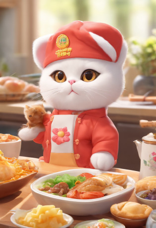 There is a cat standing at the grilling food, Inspired by Miao Fu's hyper-realistic paintings, trending on reddit, Photorealism,cooking it up, A humanoid cat, new cats movie, world boss kitten, real-life tom and jerry, Doll Cat, A cute cat, the cutest kitten ever, funny cat