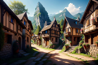 There is a small village with a lot of houses on the hill, vila medieval, Aldeia na Mata, Cidade da fantasia de Medeival, fantasy town setting, arte do jogo de fantasia medieval, cidade medieval, uma pequena vila medieval, vila pitoresca, paisagem medieval da cidade, cidade medieval, realistic fantasy rendering, Aldeias ? Motor irreal, Fenda, arte conceitual medieval, Cidade da Fantasia