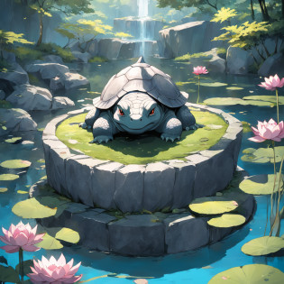 Best quality, masterpiece, anime style,A gray granite statue in the shape of a turtle?granite?turtle?Below is the pond,lotus?lotus leaf?Statues make up 10% of the screen