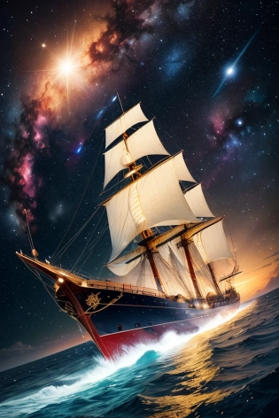 ((Best quality)), ((masterpiece)), (detailed), an awe-inspiring portrayal of a celestial sailing ship gracefully floating through the vast expanse of space, surrounded by swirling nebulae, twinkling stars, and distant galaxies. Her sails are spread wide, casting a gentle glow as she navigates through the celestial realm. The scene evokes a sense of wonder and mystique, capturing the beauty and vastness of the universe. In the style of J. M. W. Turner, the intricate details of the sailing ship are meticulously rendered, creating a sense of immense beauty. The camera angle captures the scene from a low angle, emphasizing the celestial majesty and imbuing the viewer with a sense of awe and reverence.