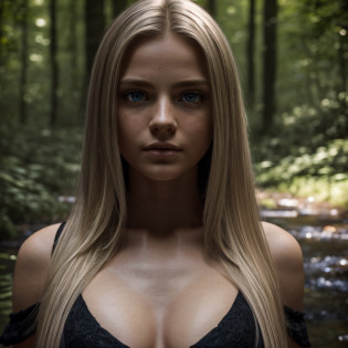 1 solo Girl, young girl, beautiful blonde girl, Miss, 18 years old, top model, hyper realistic. long hair, Blonde Hair, detailed. blue-gray eyes, deep eyes, hyper detailed, natural, big eyes, cute small nose, seductive full lips, beautiful lips, natural, skin inperfection, freckles, natural skin, inpercect skin. bare shoulders, midsized boobs, pefect niples, hyper detailed boobs, natural boobs, sports figure, big ass, perfect ass, perfect hands and legs, heper detailed fingers, manicured nails, full body. Outfit: white blouse and black mini skirt. Lightning: dark sunset light, cinematic light, dynamic lightning, moody light, little bit dark and scary mood. Place: little walk in the dark woods with small stream, big exotic trees, big cliff in the background. Camera view: Long shot, photorealistic dramatic shot, color epic cinematograph, epic profesional promotial advertisment. Quality: hyper realistic, natural, HDR, RAW, 8K, depth of field, sharp focus, cinematic.