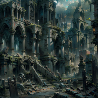 Aalfid view of the cemetery?In the background is a church, photorealistic dark concept art, highly realistic concept art, ornate city ruins, stunning photo real concept art, dark ruins landscape, Ruined cityscape, Ruined city, stunning concept art, dark city ruins, highly detailed concept art, highly detailed matte painting, Ruins of the City of the Fallen Kingdom, game art matte painting