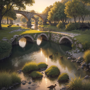 Best quality, realistic, realistic, extremely detailed, extremely refined and beautiful, RAW photos, an old and dilapidated stone bridge, under the stone bridge there is a small river leading to the distance, the river is flowing slowly, the river comes from afar, and flows in another direction, there is a wooden boat on the river, a few wild ducks fall on the wooden boat, the banks of the river are covered with dense reeds, the sunset reflects the river, sparkling, very beautiful scenery.