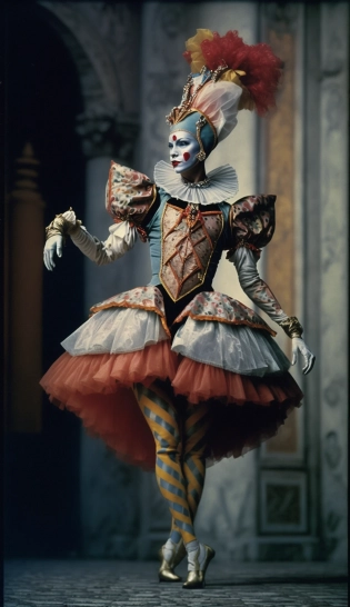 ballerina, woman, attractive, harlequin, venetian carnaval, dancing, Kodak portra 800, photographic realism, ultra detail, --ar 9:16
