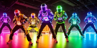 three colorfull robots dancing breakdance, breakdance battle, acrobatics, speakers in background, music, (((full body visible))), photography, detailed skin, realistic, photo-realistic, 8k, highly detailed, full length frame, High detail RAW color art, diffused soft lighting, shallow depth of field, sharp focus, hyperrealism, cinematic lighting