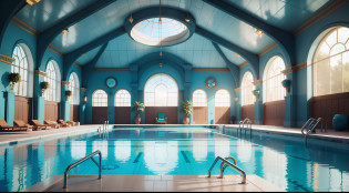Close-up of a solarpunk pool in a room with skylight, solarpunk mansion, solarpunk bedroom background, dream pool, teal lighting, solarpunk room, blue and cyan scheme, indoor pool, teal ambient light, solarpunk decoration, beautiful 3d rendering, turquoise color scheme, futuristic interior, bright shade of teal, CGI rendering, a pool inside the giant solarpunk palace
