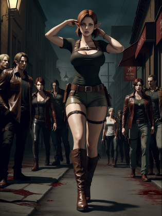(Resident Evil 4+bloody:1.5), (full-body photo:1.67), (An elf woman and several zombies in the background:1.5), (she has gigantic breasts:1.5), (She's in Resident Evil 4+Leon's clothes with black T-shirt+brown leather chorte+extremely tight on her body:1.4), (she's walking in a night town crowded with zombies:1.5),  (she has short brown hair:1.3), (she has blue eyes:1.3), (she's doing poses+for the viewer+holding an armada), Hyperrealism, 16k, best quality, high details, UHD