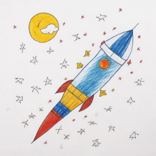 A child's drawing using crayons on a white piece of paper| a rocket ship with stars and moon in distance| poorly drawn| Crayola