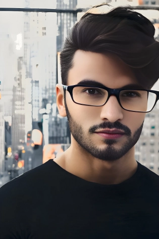 A detailed portrait of a Handsom Man, looking mysterious, which a detailed face with a full grown bread and glasses, having a muscular body wearing a black leather jacket with Night city background of New york city with a show dept of field, 4k textures, ultra-realistic, DSLR photo