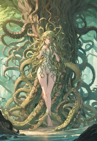 Tentacle demon tree, tentacle tree, plant tentacle, binding, devouring goddess, magic, tentacle trunk inlaid with a beautiful woman, inlaid with a woman kneeling in the tentacle tree fused with the demon tree, covered with tentacles, fine details. Anime. Tentacles, tentacles surrounding, wrapped around colored tentacles, some tentacles touching her, huge greasy tentacles and eyes, many sucked tentacles. Hybrid, biomechanical Oppein, many tentacles, densely packed tentacles, mucus and tentacles, twisted tentacles
