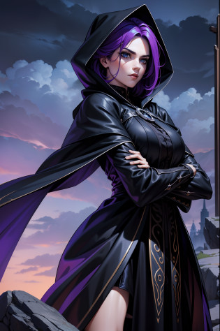 An adult mage character wearing a hooded robe and gothic armor with black details accompanied by an adult mage character wearing a robe, capuz. Tax Posture, face with serious expression, cabelo na cor preta liso preso, hair in black color a remarkable beauty, Magnificent, cor azul dos olhos, Purple sky with magnificent clouds, arms crossed in imposing pose and on top of a tall rock, cabelo curto cidade, portal, Magnificent, 8k,