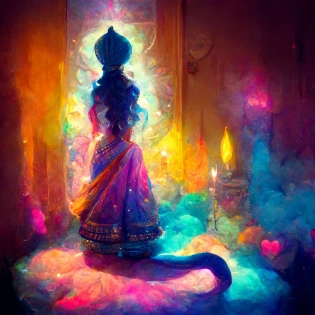 Alice in Wonderland Hindu deity incandescent crystalline concept art ambient light by Lisa Frank and modigliani