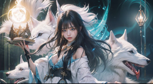 Crystal Castle Sealed in a Book of Magic,Blood,Night, Dark, (Fantasy),infinite,deep blue sky,The abyss of knowledge,Cowledge,((masutepiece)), (((Best Quality))),((Beautiful fine eyes)),(Eye lashes)?Beautiful girl riding a giant white wolf?(???1?)?Perfect human body structure?Black hair fluttering in the wind?The long-haired?abyss eyes?glowy skin?oils?small tits?Wizard robes?tattered cloth?Realistic coat?Teenchi?Super delicate CG Unity 32k wallpaper??masterpiece, ((ultra-detailliert)), ((illustratio)),colourfull,wall-paper,The energy,Unknown terror,Incomprehensible,Around the magic,Magical surroundings,magic wands,Boken,Flying pages,Know everything,Predict the future?Get to know the past?Infinite wisdom?blue flames?Warlock?magic circles?Pentagram?Spells?mantra?Singing magic