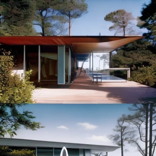 Hyper realistic eye level exterior photo of a mid century modern style house overlooking the ocean, daylight, indirect lighting, AD magazine, Frank Lloyd, Eames, Mies van der Rohe