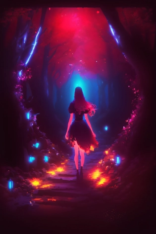 a woman walking down a path in a dark forest with glowing lights, inspired by Cyril Rolando, by Cyril Rolando, in style of cyril rolando, digital 2d fantasy art, alice x. zhang, fantasy art style, beeple and jeremiah ketner, fantasy digital painting, cyril rolando and m. w kaluta