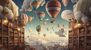 a photograph of a whimsical floating library in the sky, hot air balloons tethered to shelves filled with leather-bound books, magical creatures browsing the collection, photorealistic, dreamy cloud-filled background, soft diffused lighting
