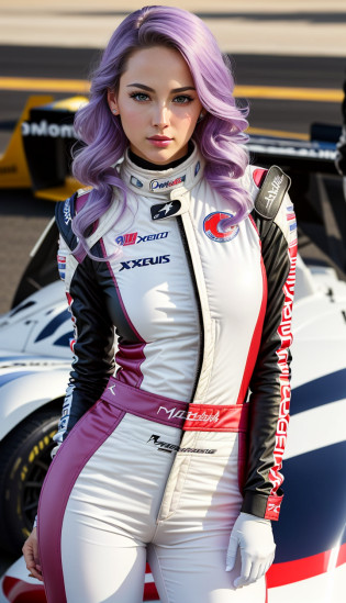 (best quality:1.33), (masterpiece:1.42),(photorealistic:1.3) (detailed:1.15),
the  mystique  from xmen on racetrack, Lilac hair, and Blunt haircut, Petite body,  Looking over the shoulder pose, leather race suit unzipped to the waist, ( leaning against race car:1.2) for photoshoot,