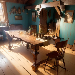 old brown wooden furniture with mirror and a small flowerpot appearing to be from 1900