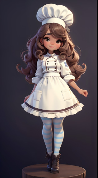 Create a series of cute baby chibi style afro dolls with a cute pastry chef theme, each with lots of detail and in an 8K resolution. All dolls should follow the same solid background pattern and be complete in the image, mostrando o (corpo inteiro, incluindo as pernas: 1.5)

Boneca Mini Chef: Chame-a de Marina. Ela deve ter cabelo pequeno em tom preto marrom. Seus olhos devem ser grandes e expressivos, with long eyelashes and rosy cheeks. Sorriso delicado e branco. Sophie deve estar vestida com uma jaqueta de chef, striped pants and an ornate chef's hat. She must hold a chocolate brigadier in her hands. Certifique-se de adicionar detalhes nas roupas, such as buttons and pockets, sapato bonito

Certifique-se de adicionar sombras, texturas e detalhes nos cabelos, roupas, confectionery utensils, to make them even more adorable and charming.