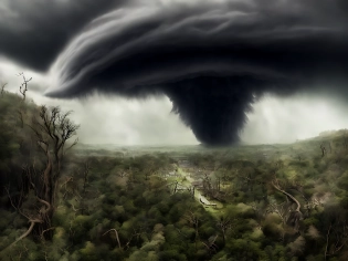 a tornado, dark as night, bearing down on the landscape, debris flies through the air, impeccable attention to detail, breathtaking masterpiece, photorealism and magical realism, hyper maximalist, intricate detail, sense of awe and wonder, perfectly blending the natural world with artistic vision, photography