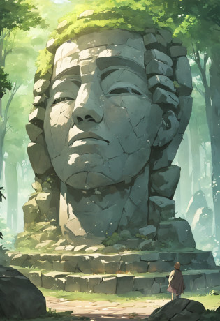 Many stone statues stand in the grass, Ruins of a giant head, Ancient alien tombstone statue, Stone face, weird art piece, stone art, Weird art on the wall, Made of old stone, Sculpture made of stacked stone, funny sculpture, Ruins of giant statues, monster statues, stone statue, Creepy carved expressions