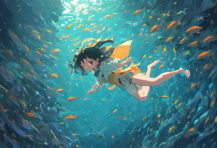 In the middle of the dive the girl is surrounded in the colorful underwater world?The human body part occupies a small proportion of the picture?Don't show your face?Flat illustration style?The character details are complete