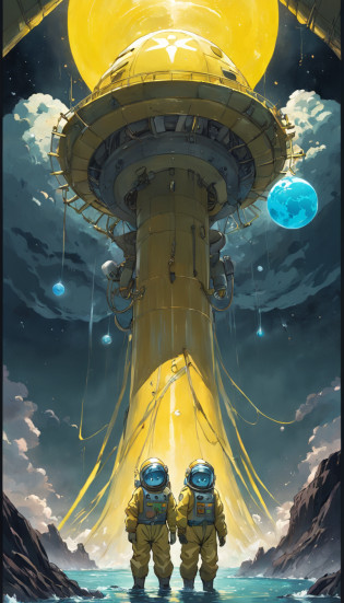 ?A cartoon of 2 men in nuclear protective suits pulling the earth apart???Wear yellow nuclear protective clothing?The costume has the Japanese flag emblem on it?A planet of suffering?aquatic creature?Sewage flows out of huge pipes above?There are nuclear signs on the pipes???Dark blue gradient background?