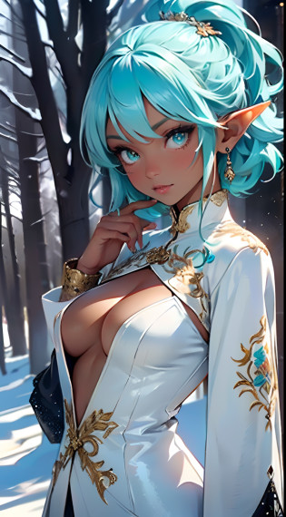 cute loli elf,(((little loli,tiny little body,little))),(((6 years old))),((anime elf loli with extremely cute and beautiful aqua hair)), (((elf,elf ears))),

((lesbian,yuri)),(((flat chest))),((((aqua hair:1.35,undercut aqua hair,colored inner hair,ear breathing)))),(((aqua eyes:1.3))),intricate eyes,beautiful detailed eyes,symmetrical eyes,big eyes:1.5,,(((dark skin,dark_skin,lustrous skin:1.5,bright skin: 1.5,skin tanned,shiny skin,very shiny skin,shiny body,plastic glitter skin,exaggerated shiny skin,illuminated skin))),(delicate detailed fingers,detailed body,detailed arms,human hands,(detailed face)),

cute,slutty,erotic,daring,(((nsfw))),

zettai ryouiki,revealing clothing,show skin,(((Sexy aqua fur coat, aqua fur coat outfit, wearing a ice dress:1.3,aqua winter coat))), ((ice dress,elegant ice dress)),(white gloves,white clothes,(((intricate outfit,intricate clothes,embroidered outfit,ornate outfit))),

(dynamic pose:1.0),embarrassed,(centered,scale to fit dimensions,Rule of thirds),

((snowy pine forest at night)), with dark stormy clouds,winter,scenery:1.25,((snow forest background)),Christmas tree,

highres,sharp focus,(ultra detailed,extremely detailed),(photorealistic artwork:1.37),(extremely detailed CG unity 8k wallpaper),(((vibrant colors,vibrant theme))),(intricate),(masterpiece),(best quality),
