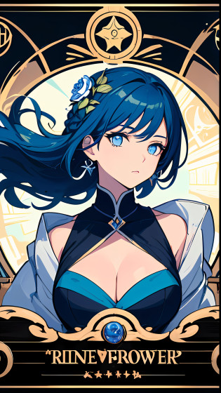 illutst?lagre breasts?Cleavage??Exposed breasts?2.3???big boob?1.2??? frombelow? under boobs?tarot design, symetrical?tarot card art, high detaild + tarot cards, art nouveau tarot style, art deco shaman, tarot card art(Masterpiece), (Best quality), (ultra - detailed),(disheed hair),(illustration), (1girls), (Fashion Clothing), Standing, Fashion model, lookatviewer, (interview), (Simple background),beautiful detailed  eyes?Delicate beauty?afloat??high saturated???Colorful splashes??Colorful bubbles??Shine??Focus on the face?pony-tail?Ayaka Kamisato?lightblue hair?Hair bangs?Hair rings?Floating flowers?flowy hair??shiny??best illuminate?best shadow
