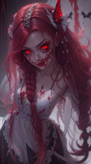 Fille gothique aux yeux rouges et aux cornes dans une robe blanche, avec des yeux rouges brillants, sanglant + Art conceptuel, avec des yeux rouges brillants, artwork in the style of guweiz, deviantart artstation cgscosiety, yeux rouges brillants, inspired by WLOP, Strange art style, bloodied eyes, yeux rouges brillants, Art fantastique et horreur, yeux rouges, Rouge - Yeux