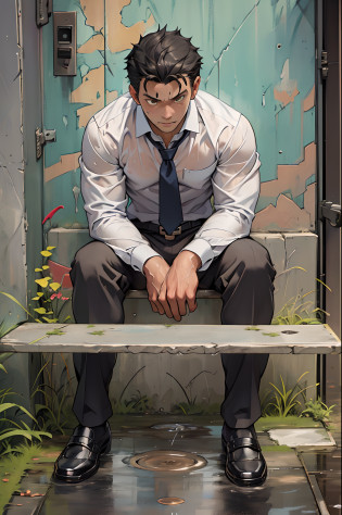 A3R1, Hector Fey ?Multi-view upper body? Suit pants view?legs separated?A3R1,pissing?Pee yourself?His own urine ran down his thighs?perfect male figure? Aerith Gainsborough ,The suit pants are wet?Urine runs down the leg of the trouser?Yellow eyes?sit astride?legs separated?Can't hold back urine?wants to pee?Wear a tie?wearing leather belt?Long Sleeve White Shirt??The shirt is soaked??Black hair short hair?perspire?Black suit trousers?dress shoes?Nervously bow your head?is shy?embarressed?exhilarated?is shocked?panicking?worry?exteriors?On dry ground? A small puddle of his own urine formed around his feet?legs are open?Very eager to pee?Unbearable?Can't help but pee?Urine flows from the crotch to the legs?Incontinence?It's uncomfortable?Very anxious?Sweat runs from the crotch?Wet yourself?urinating?high detal?hentail realism?ultra-realistic realism?three sided view? A masterpiece of careful planning?A high resolution? hyper HD ?anatomy correct?super detailing?best qualtiy?A high resolution?8K