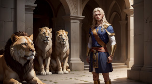 Create an image that represents the biblical character Daniel and his story of courage and faith, Especially the episode where he's cast into the lion's den. The image should convey a sense of imminent danger and show Daniel's courage in the midst of adversity.

Na imagem, retrate Daniel como um homem jovem e confiante, vestido com roupas simples, but with a determined expression on his face. Ele deve estar no centro da imagem, surrounded by a group of ferocious lions. Lions should be represented in realistic detail, showing their strength and predatory nature.

To add more drama to the scene, use lighting to create a contrast between the darkness of the well and the light that falls on Daniel. Isso pode ser feito com um feixe de luz que penetra por uma abertura no topo da imagem, highlighting Daniel in the midst of darkness.

You can include additional details, como um anjo da guarda no fundo, symbolizing divine protection over Daniel. Another option is to add an inscription on the wall of the well, representing King Darius and his order to throw Daniel to the lions.

A imagem deve transmitir a mensagem de que, despite challenging circumstances, Daniel's unwavering faith protected him from danger. Ela deve inspirar os espectadores a confiarem em Deus, even in the face of seemingly impossible situations, and remember that He is able to deliver us from any adversity.