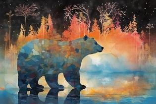 A night painting of an abstract ethereal semi - transparent irridecent bear at night in the style of Jane Crowther, dynamic, dreamy orange and cyan