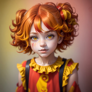 arafed child wearing a wig with yellow and red hair, red yellow, red and yellow, some red and yellow, clown girl, yellow and red, red ronald mcdonald messy hair, red-yellow colors, red+yellow colours, soy fan de quino, by N�ndor Katona, wearing red and yellow clothes, red ronald mcdonald hair --auto --s2