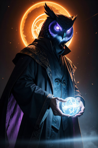 (best quality,4k,8k,highres,masterpiece:1.2),ultra-detailed,(realistic,photorealistic,photo-realistic:1.37),hybrid man with an owl head,wizard,casting a spell upward within a whirlwind,orangish environment,dark fantasy style, 

A creature with a mixed human and an owl's head?He is a mysterious mage?Cast magic in an orange environment?His owl head carries antennae and sharp claws?There was a mysterious wisdom shining in his eyes?The mage wears an ancient robe?It is painted with mysterious runes and magical patterns?He was standing on a reddish-brown ground?There is a mysterious and rich atmosphere around it?

The mage raised his right hand?There was a dark blue magic flashing between the fingers?In the palm of his hand gathered a powerful magic ball?The magic ball emits a strong glow?And a vortex is formed around it?This vortex is made up of a variety of psychedelic colors?Such as orange?purpleish color?Green, etc?It gives a mysterious and mesmerizing feeling?

There is a rich and terrifying atmosphere throughout the scene?Lights shine down from above?Deep shadows were cast?This makes the whole environment seem more mysterious and weird?The walls are carved with strange runes and magic patterns?It emits bursts of purple light?

The whole picture is full of rich fantasy colors?The orange environment and the purple swirl complement each other?It gives a fantastic feeling?The overall picture is very delicate?each