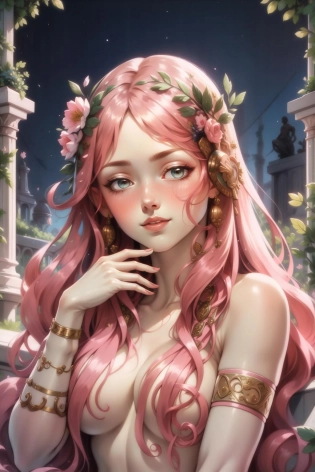 masterpiece, best quality, aphrodite, nude, laurel crown, hair over breasts, hair ornament, armlet, bracer, bracelet, portrait, upper body, smile, serene expression, greek architecture, marble statues, garden, night, (dark skin:0. 8), looking at viewer <lora:aphrodite-nvwls-v2-000012:0. 9>