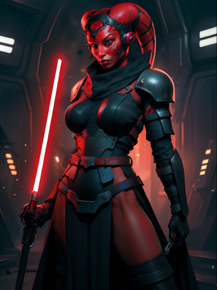 ((armor)), busty, ((red skin), twi'lek), dual red lightsabers, evil space knight, space ninja, (wearing heavy black armor, robes, black stealth armor, breastplate, tunic, tabard, cowl, cloak, body glove, straps, buckles, skirts, long sleeves, fantasy, ((armor))), ((busty), slender body, thin, slim sexy body, slim waist, ((gigantic breasts))), Imperial starship, Star Wars,