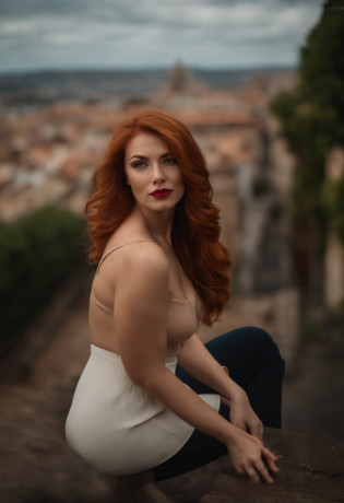 Photo brute, Portrait de visage photo de belle 26 ans.o femme, rousse, yeux vert, visage mignon, Porter une robe noire, Visage heureux, ombres dures, cinematic shot, dramatic lighting((realistic skin texture)), Seductive Caucasian woman using lipstick, Tank top Casual attire, ((ginger tied mid-hair)), pose mignonne en regardant loin, huge hooters, ((Best quality, Best quality, Realistic Photography)), ((Masterpiece)),(Full head on frame)) dark brown hair, Naples in the background with coffee