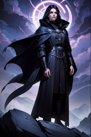 An adult mage character wearing a hooded robe and gothic armor with black details accompanied by an adult mage character wearing a robe, capuz. Tax Posture, face with serious expression, cabelo na cor preta liso preso, hair in black color a remarkable beauty, Magnificent, cor azul dos olhos, Purple sky with magnificent clouds, arms crossed in imposing pose and on top of a tall rock, cabelo curto cidade, portal, Magnificent, 8k,